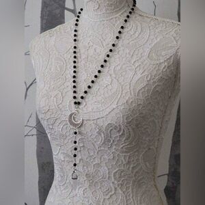 Gothic Black Bead Necklace, Silver Tone Moon, White Crystal, Long Length